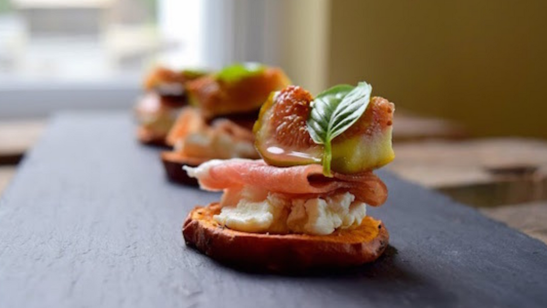 Sweet Potato Crostini with Prosciutto Honey Roasted Figs