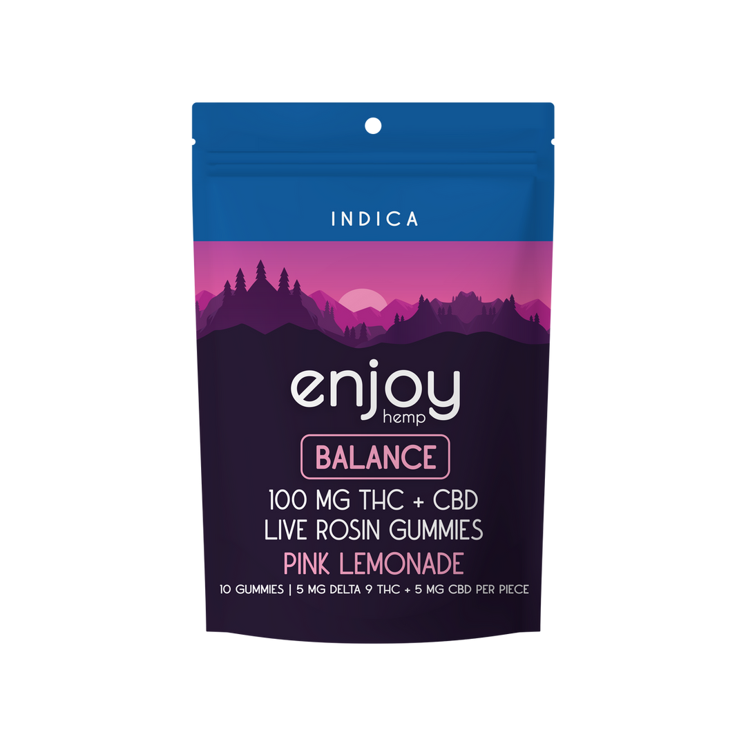 Enjoy Live Rosin Microdose THC:CBD 1:1 ratio Gummies for Balance (Indica-Infused Pink Lemonade) - 5 mg Delta 9 THC + 5 mg of CBD