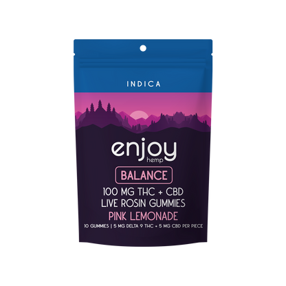 Enjoy Live Rosin Microdose Delta 9 THC + CBD 100mg Gummies | Balance (Indica) - 10 gummies | 10 mg each - Pink Lemonade