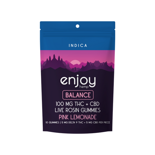 Enjoy Live Rosin Microdose Delta 9 THC + CBD 100mg Gummies | Balance (Indica) - 10 gummies | 10 mg each - Pink Lemonade