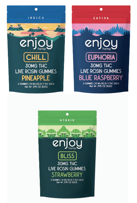 Enjoy Live Rosin Delta 9 THC 30mg Gummies | (Sativa, Indica, Hybrid) - 2 gummies | 15 mg each - Various Flavors