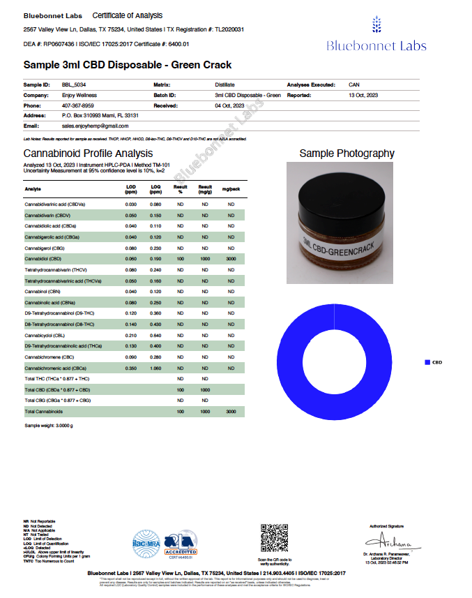 Enjoy Live Rosin Broad-Spectrum CBD 3ml Disposable | Energy - Green Crack (Sativa)