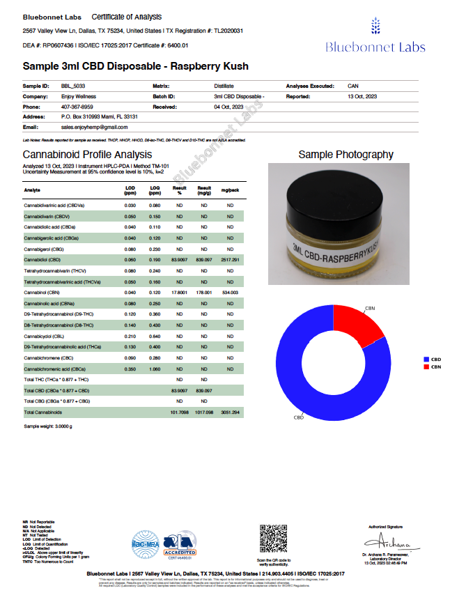 Enjoy Live Rosin CBD + CBN 3ml Disposable | Sleep - Raspberry Kush (Indica)